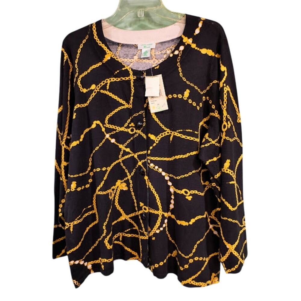 Laura Ashley Woman Button Front Cardigan with Chain Print, Blk & Gold, Sz 2X NWT